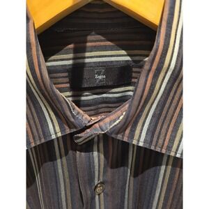 Z Zegna Mens Brown Multi Stripe Cotton Long Sleeve Button Down Shirt XL